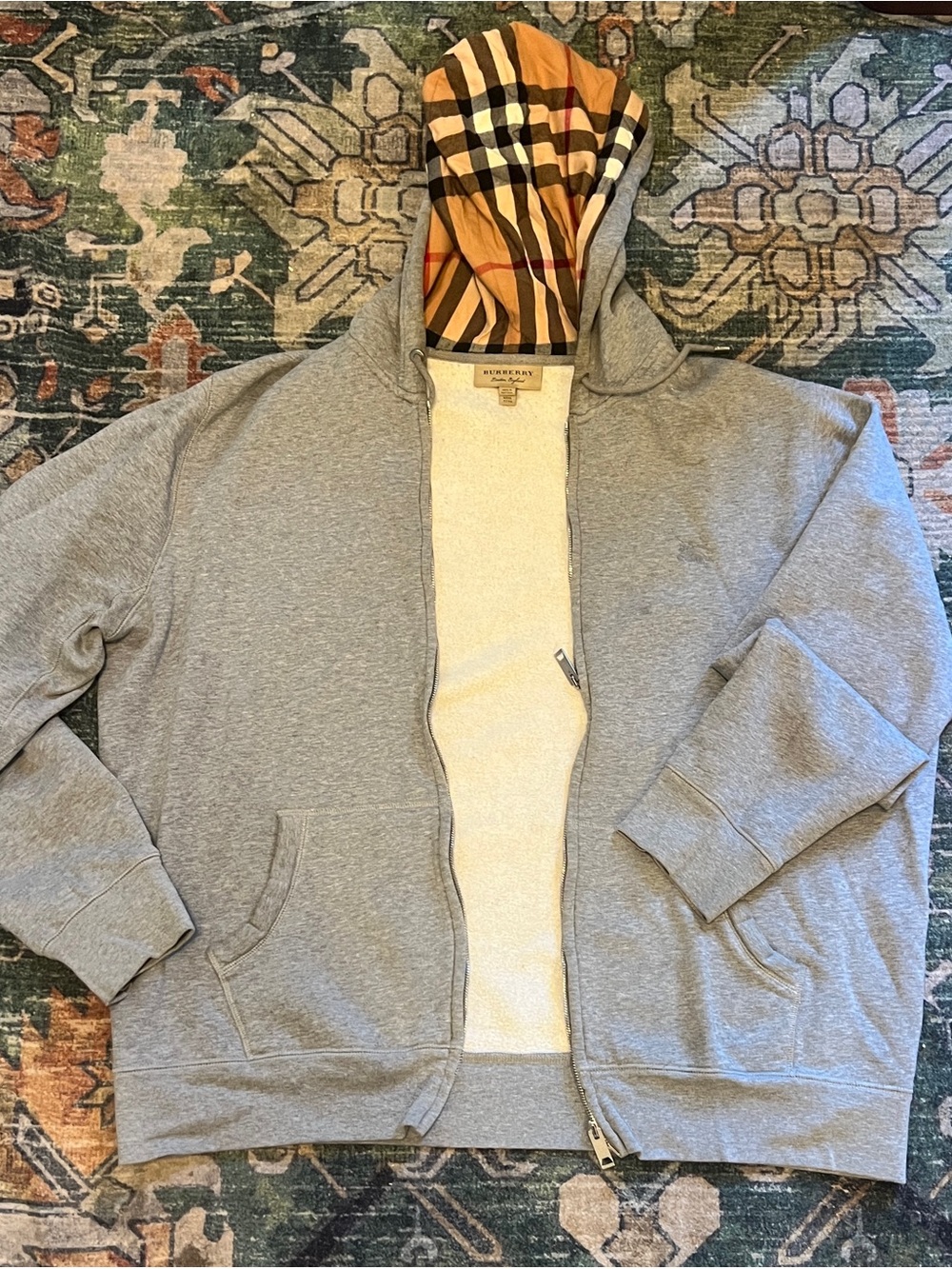 Burberry Men’s Grey Zip-Up Hoodie with Signature Check Lined Hood